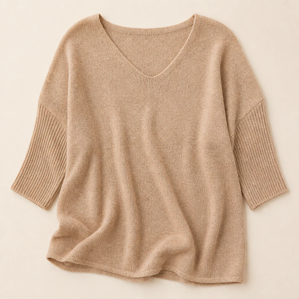 LuminaLuxe™ – Relaxed V-Neck Soft Knit Top with 3/4 Sleeves - Image 9