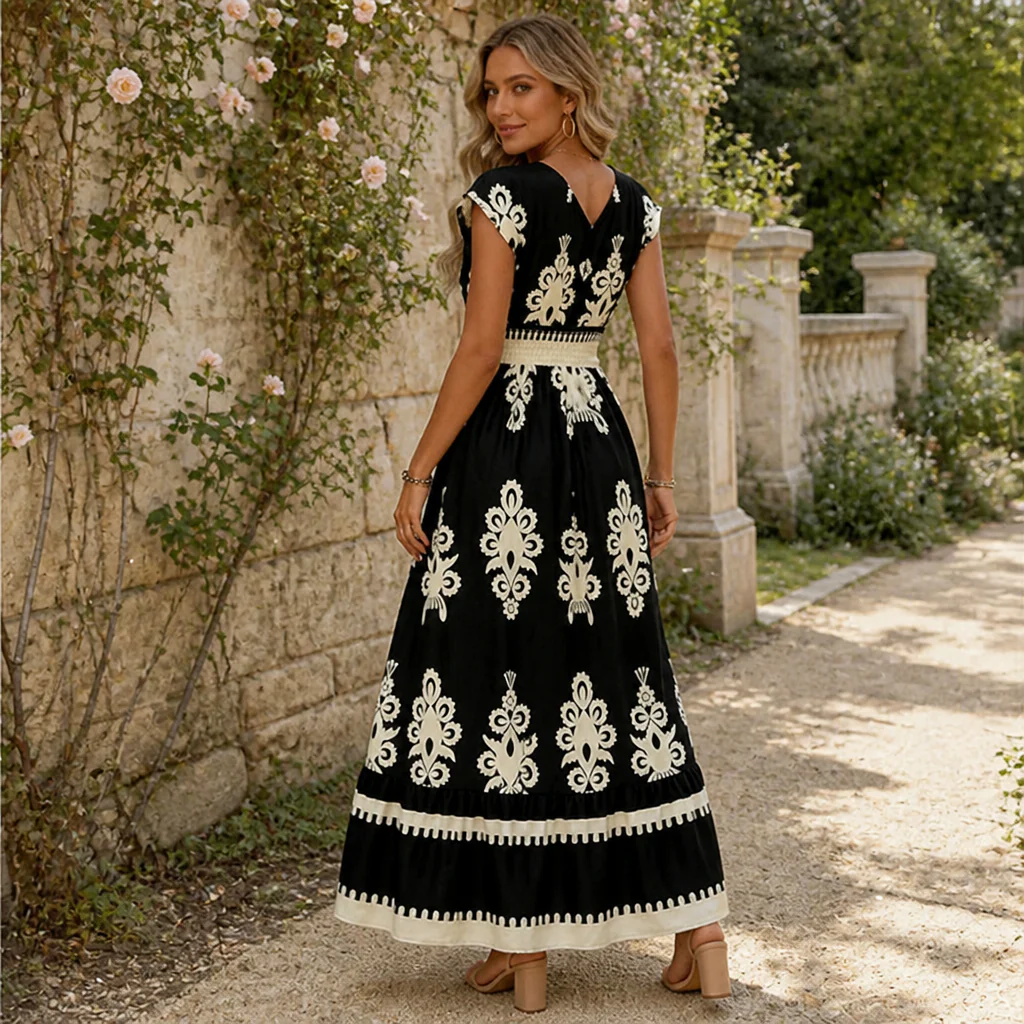 LuminaSway™ – Vintage Baroque Print V-Neck Maxi Dress - Image 8
