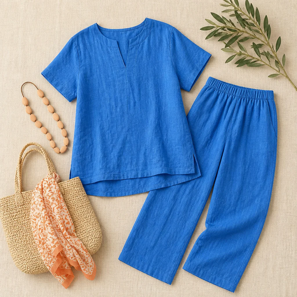 LumoraEase™ – Relaxed Cotton-Linen V-Neck Two-Piece Set - Image 10