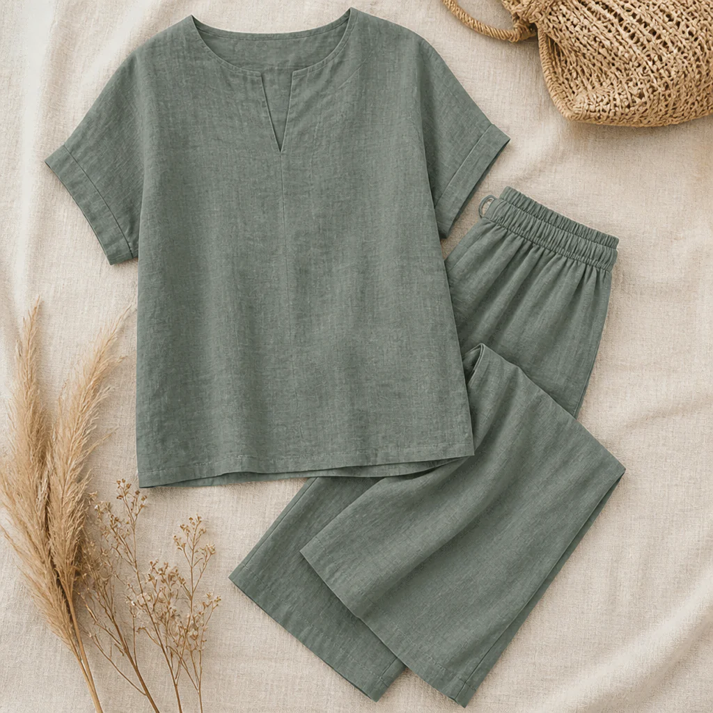 LumoraEase™ – Relaxed Cotton-Linen V-Neck Two-Piece Set - Image 11