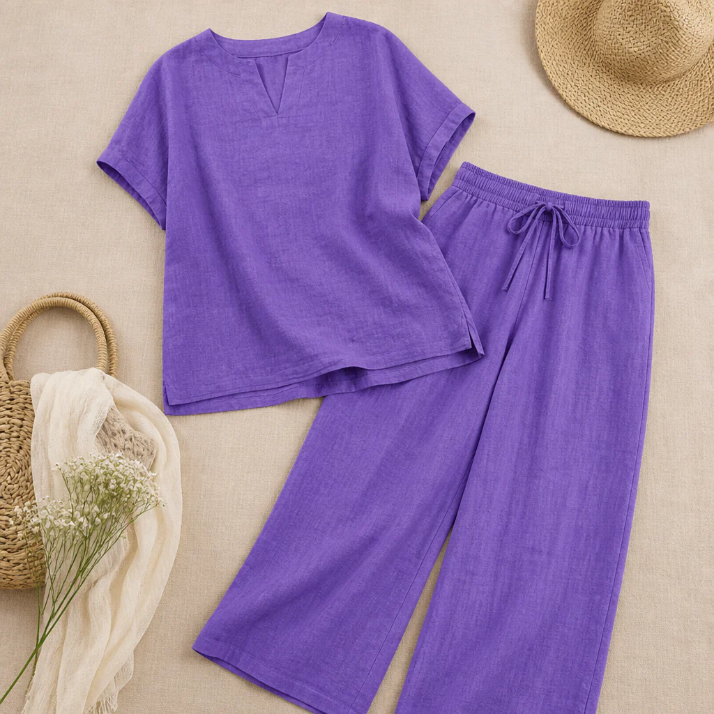 LumoraEase™ – Relaxed Cotton-Linen V-Neck Two-Piece Set - Image 13