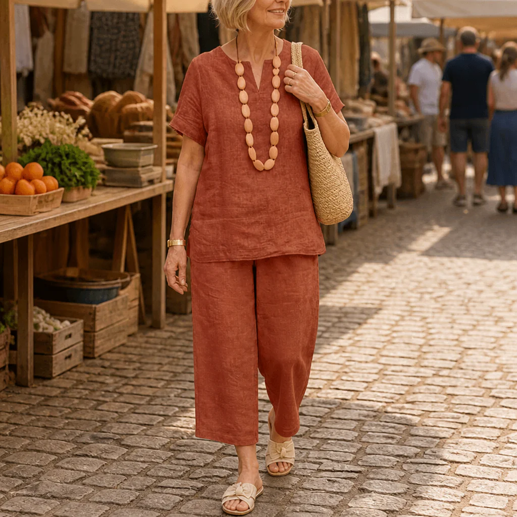LumoraEase™ – Relaxed Cotton-Linen V-Neck Two-Piece Set - Image 2