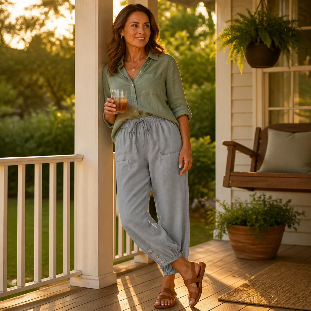 LunaEase™ – Soft Cotton-Linen Cropped Pants with Button-Cuff Hem - Image 3