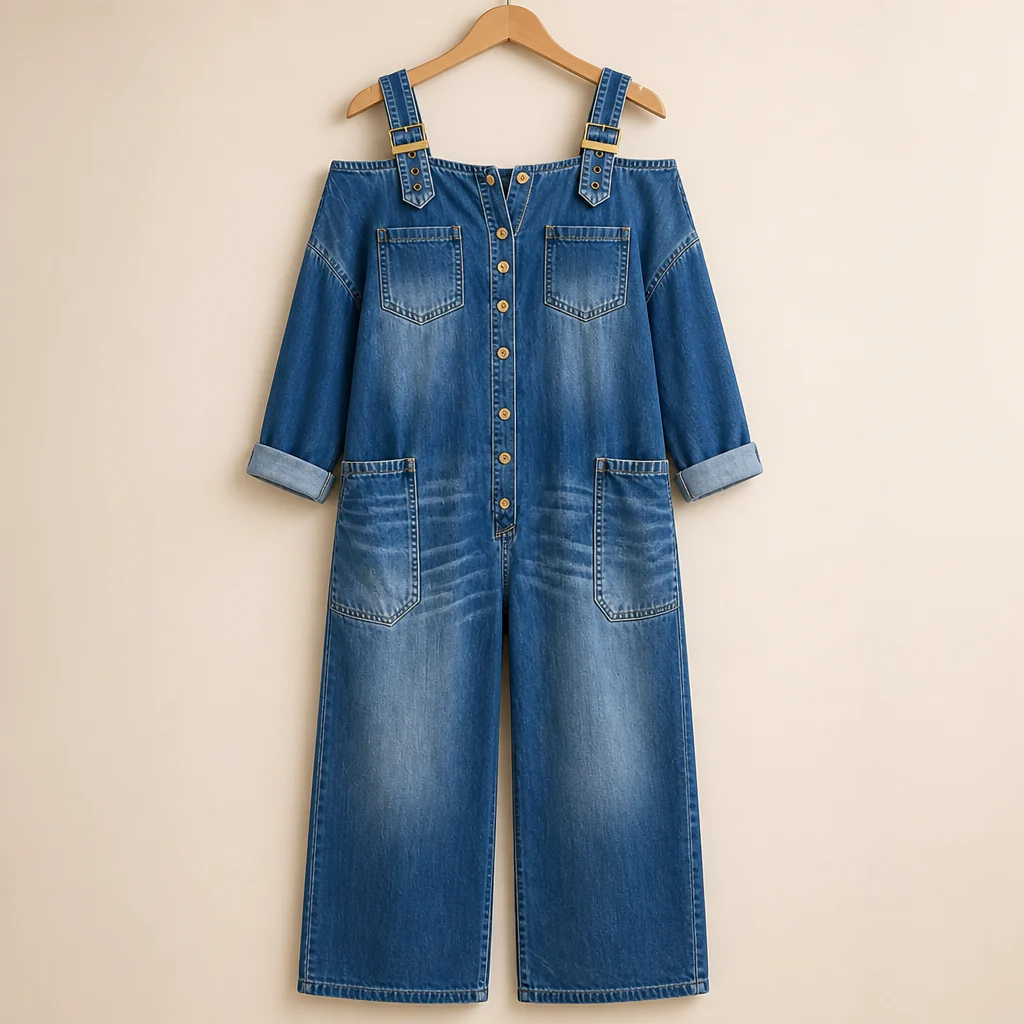 LunaFemme™ – Relaxed Cold-Shoulder Denim Jumpsuit with Gold Buckle Straps - Image 4