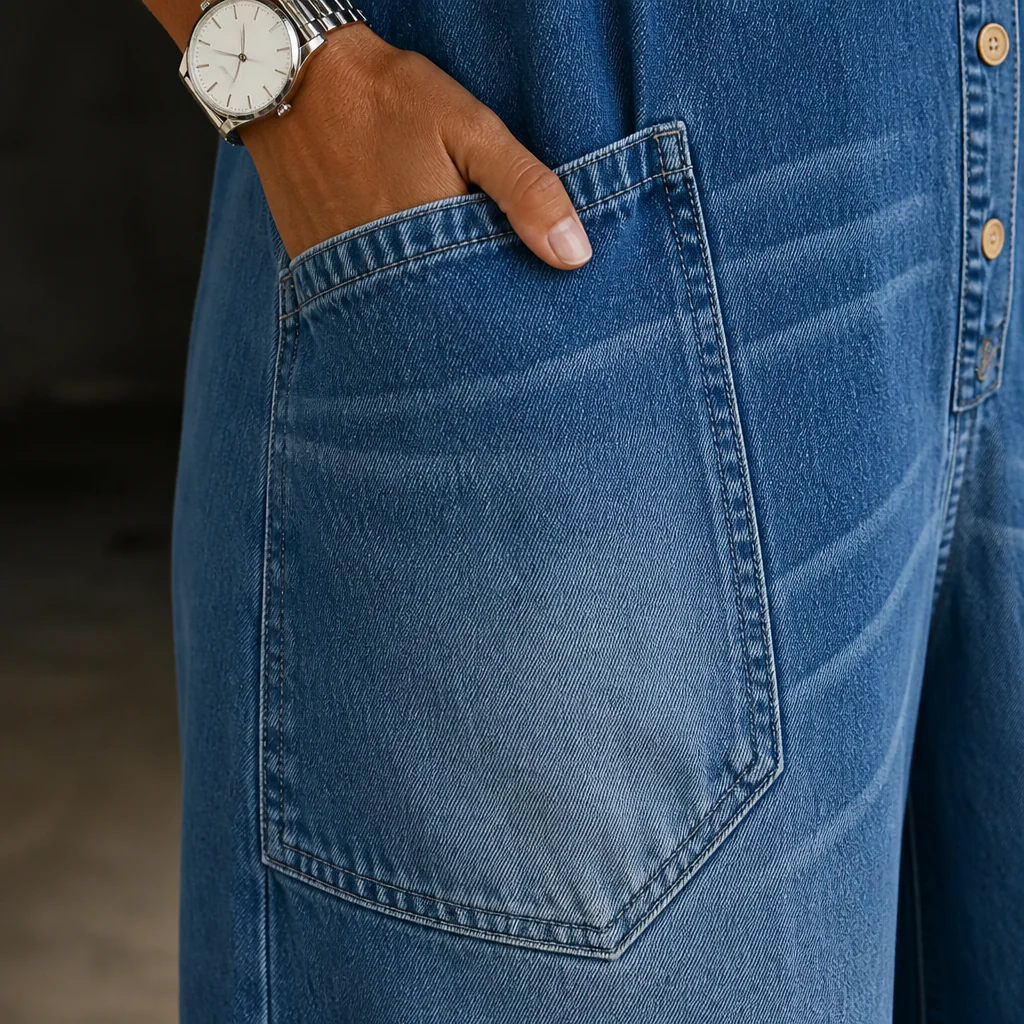 LunaFemme™ – Relaxed Cold-Shoulder Denim Jumpsuit with Gold Buckle Straps - Image 7