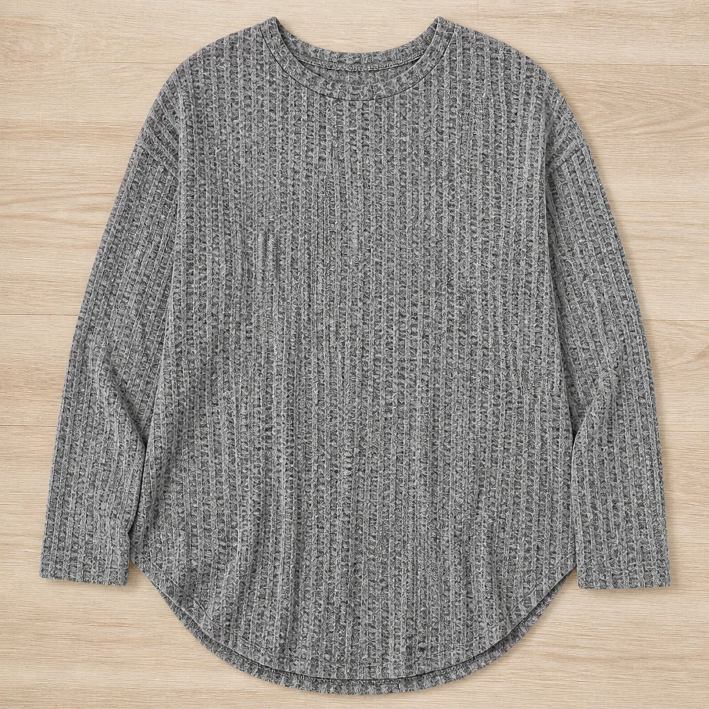 LunaRay™ – Relaxed Waffle-Knit Long Sleeve Top with Curved Hem - Image 3