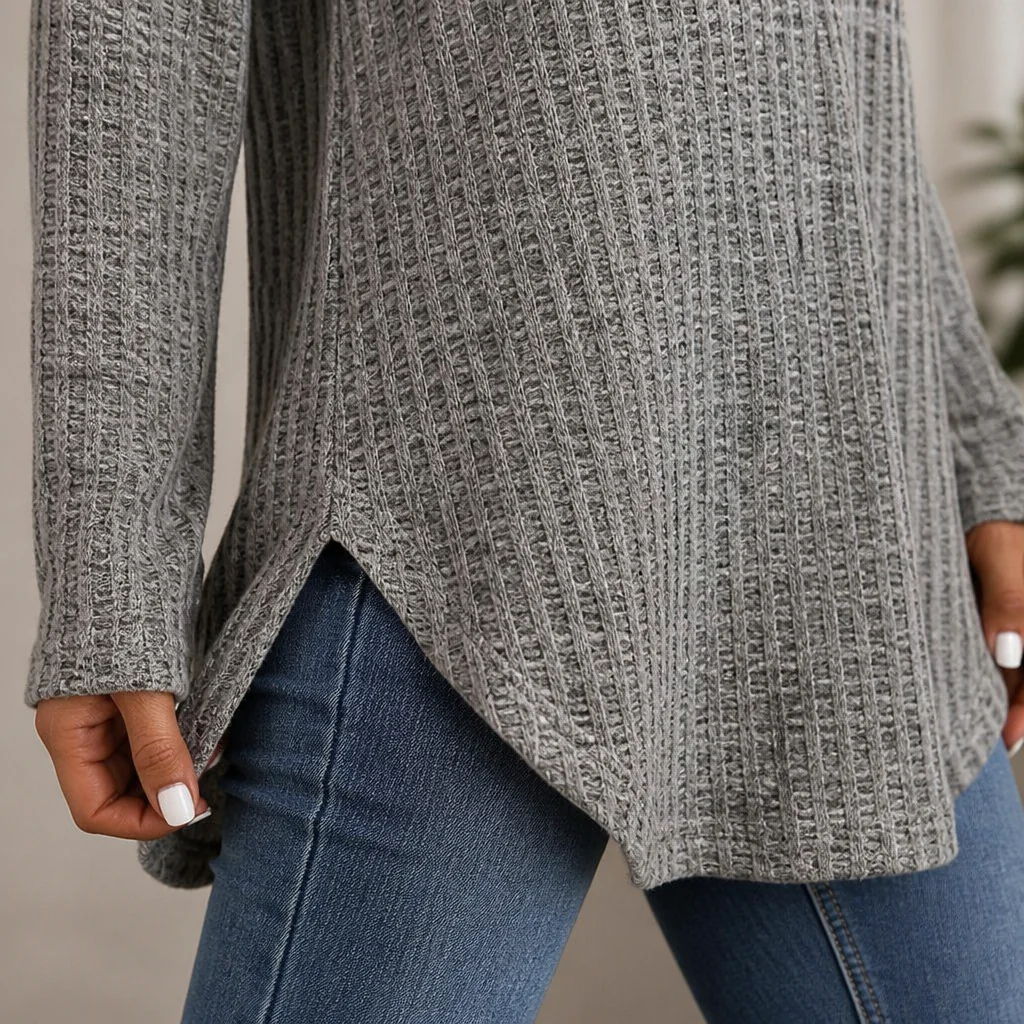 LunaRay™ – Relaxed Waffle-Knit Long Sleeve Top with Curved Hem - Image 5