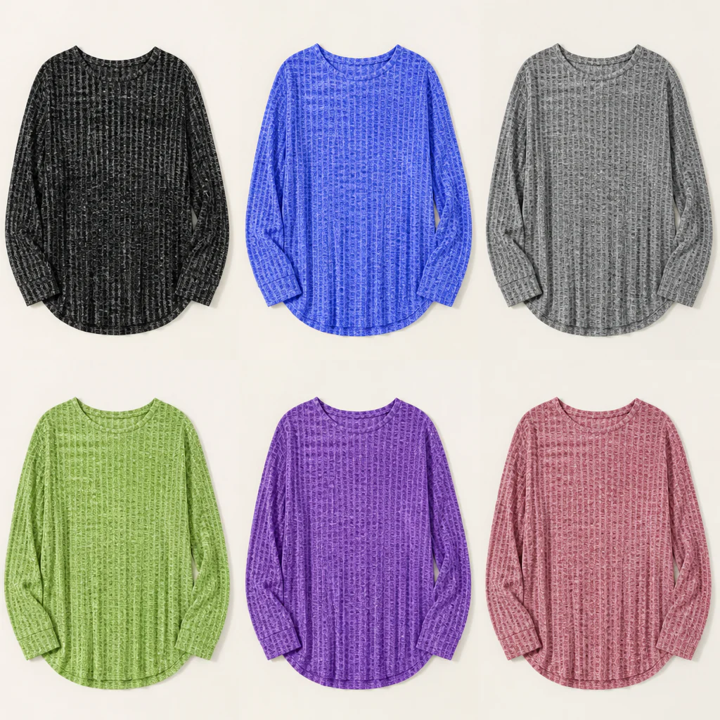 LunaRay™ – Relaxed Waffle-Knit Long Sleeve Top with Curved Hem - Image 7