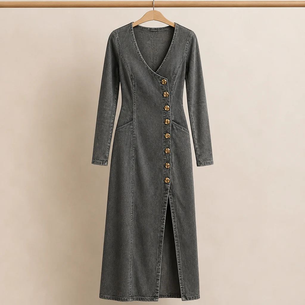 LuxeaSilk™ – Soft Denim V-Neck Maxi Dress with Buttoned Side Slit - Image 4