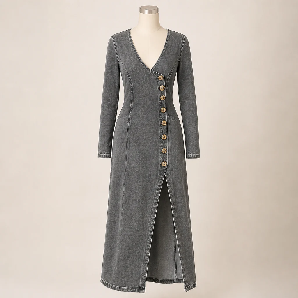 LuxeaSilk™ – Soft Denim V-Neck Maxi Dress with Buttoned Side Slit - Image 7