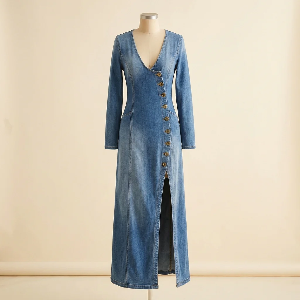 LuxeaSilk™ – Soft Denim V-Neck Maxi Dress with Buttoned Side Slit - Image 8