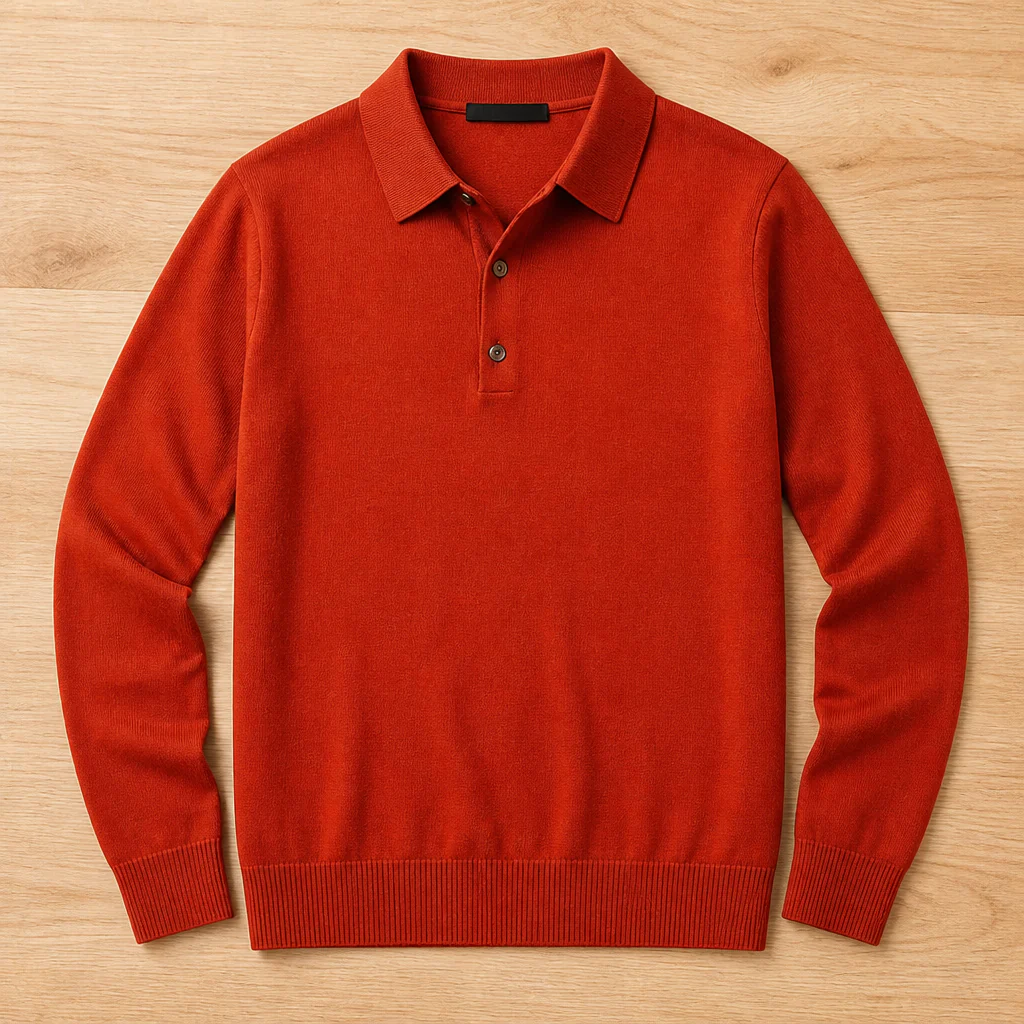 LuxeWave™ – Fine-Knit Long-Sleeve Polo with Three-Button Placket - Image 8