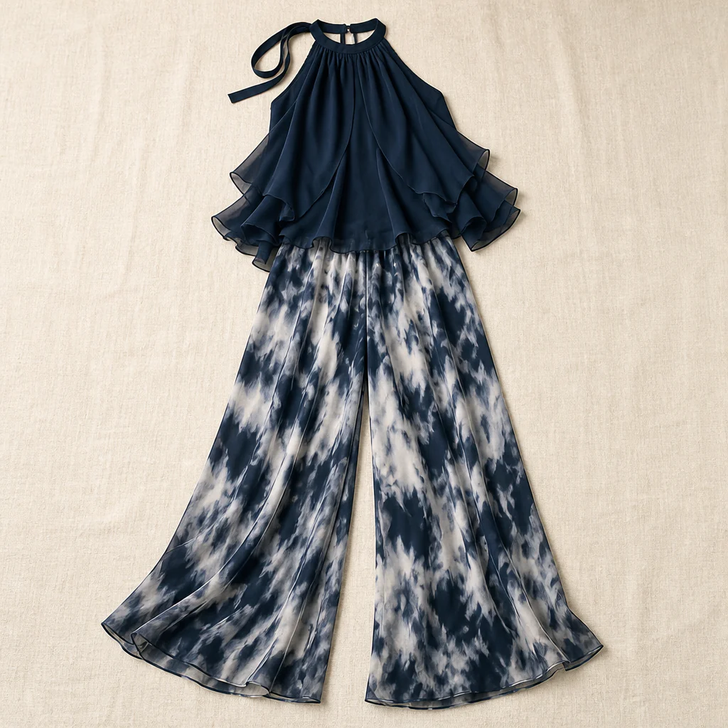 LuxuraFit™ – Flowing Chiffon Halter Top & Wide-Leg Marbled Pants Set - Image 4