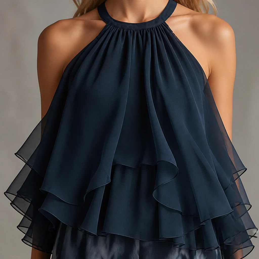 LuxuraFit™ – Flowing Chiffon Halter Top & Wide-Leg Marbled Pants Set - Image 5