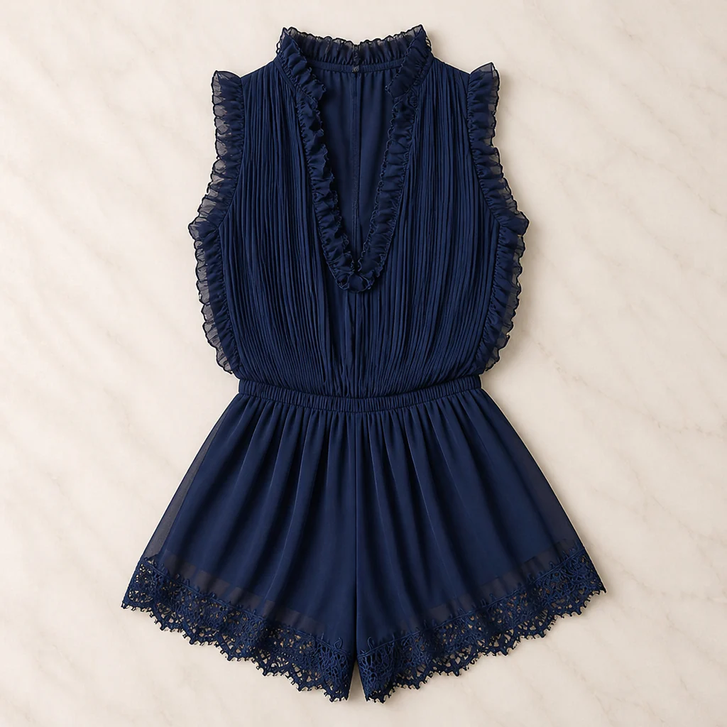 MidnightAura™ – Pleated Chiffon Lace-Trim Romper with Plunging Ruffle Neckline - Image 3