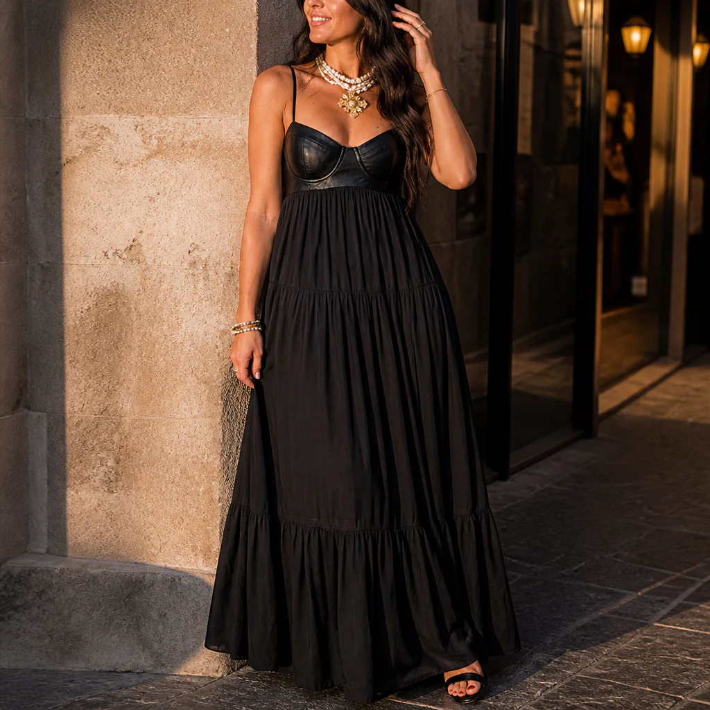 NoirFemme™ – Bold Faux-Leather Bustier Tiered Maxi Dress - Image 2