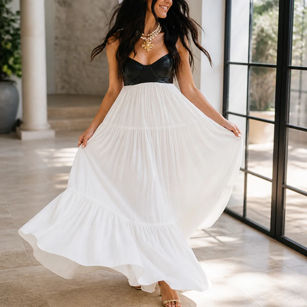 NoirFemme™ – Bold Faux-Leather Bustier Tiered Maxi Dress - Image 3