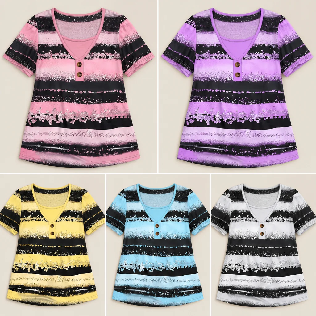 NovaLayer™ – Relaxed Faux Two-Piece Striped Henley Top with Shimmer Print - Image 8