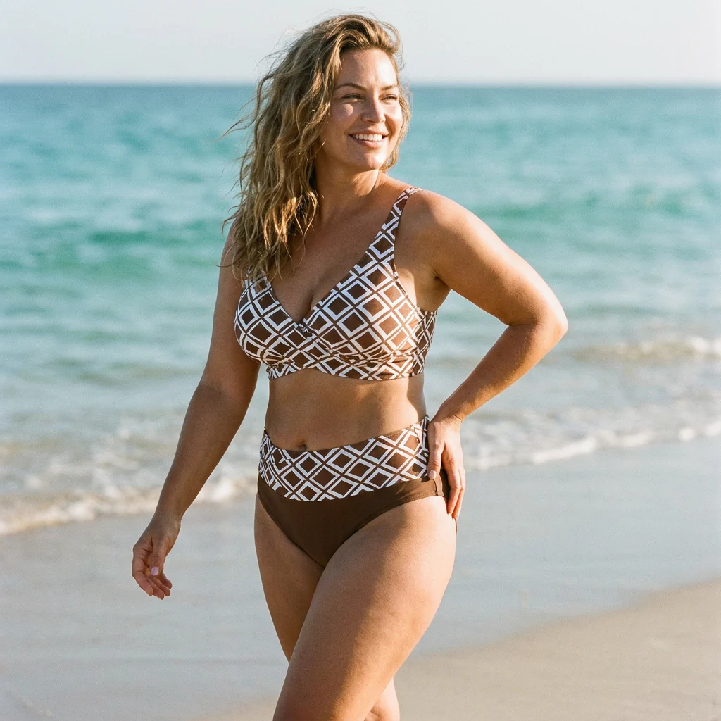 Marisol™ – High-Waisted Geometric Bikini Set with Wrap Crossover Top
