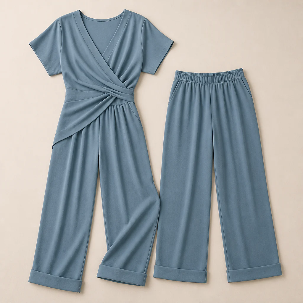 PureLuxe™ – Elegant Wrap-Waist Two-Piece Set with Wide-Leg Pants - Image 9