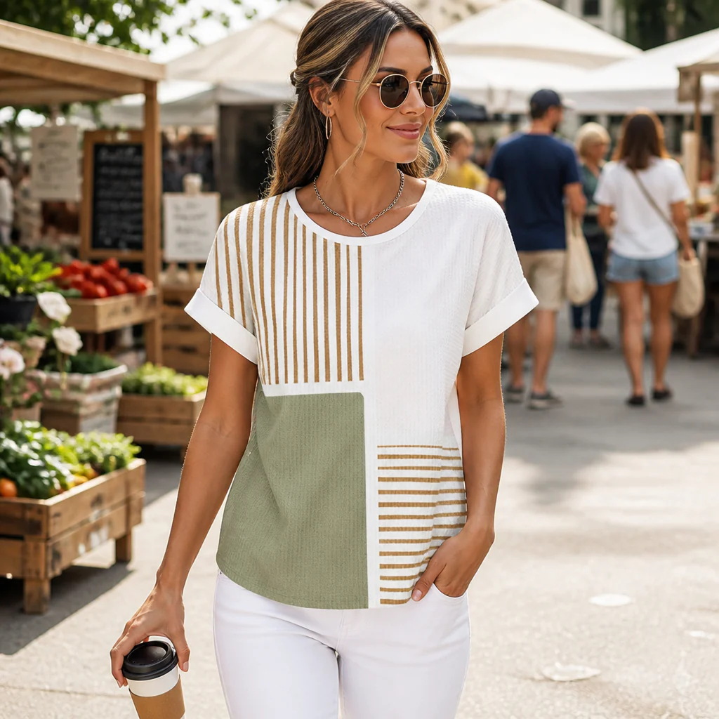RadianceStripe™ – Relaxed Color-Block Tee with Striped Waffle Texture - Image 2