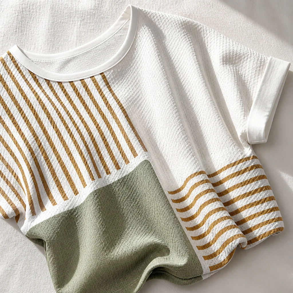 RadianceStripe™ – Relaxed Color-Block Tee with Striped Waffle Texture - Image 6