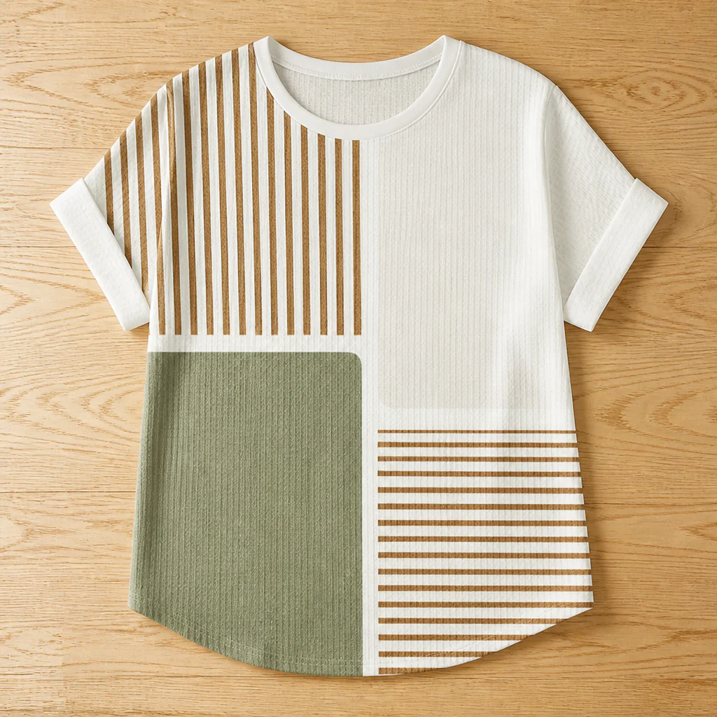 RadianceStripe™ – Relaxed Color-Block Tee with Striped Waffle Texture - Image 8