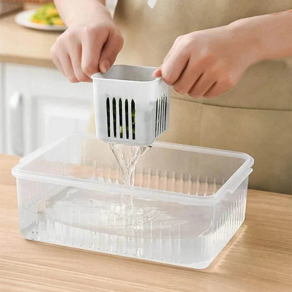 Refrigerator Storage Container | Moisture-Resistant Drain Insert | Stackable Tray | CoolClear - Image 5