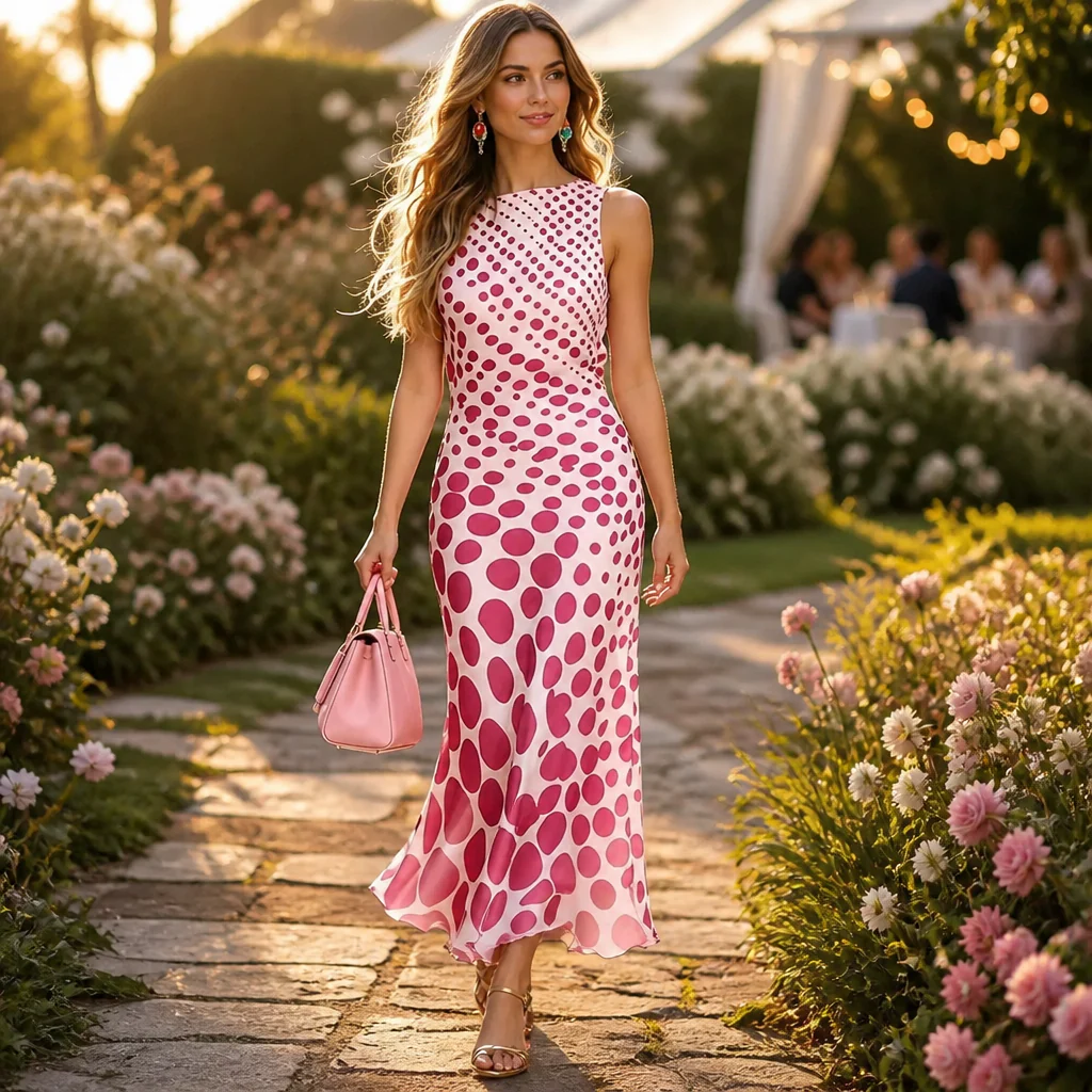 RosetteAura™ – Flowy Bias-Cut Gradient Polka Dot Midi Dress - Image 2