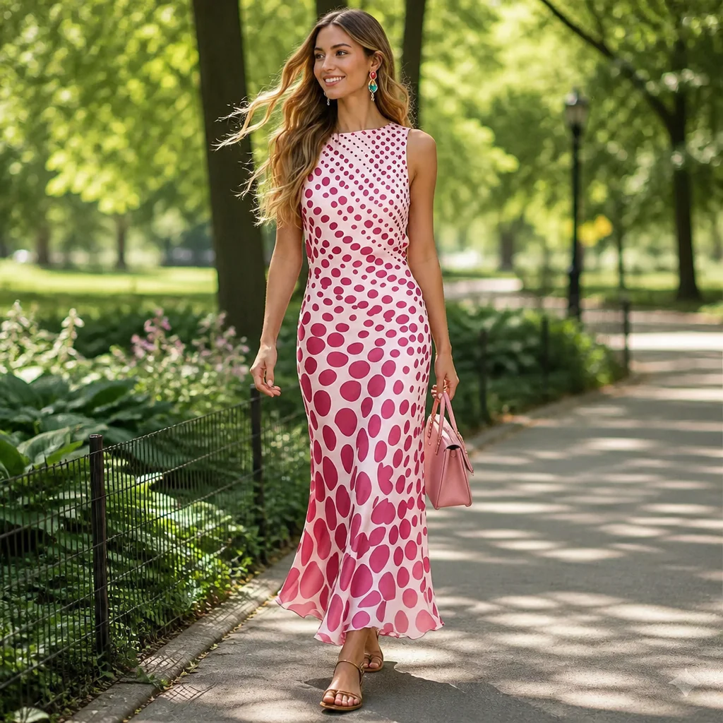 RosetteAura™ – Flowy Bias-Cut Gradient Polka Dot Midi Dress - Image 3