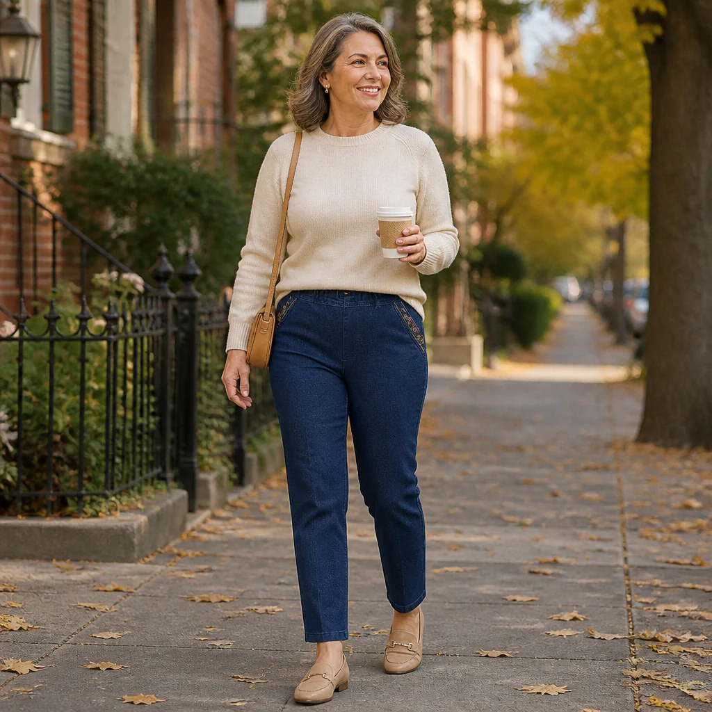SculptEase™ – Pull-On Stretch Straight Leg Jeans with Embroidered Pockets