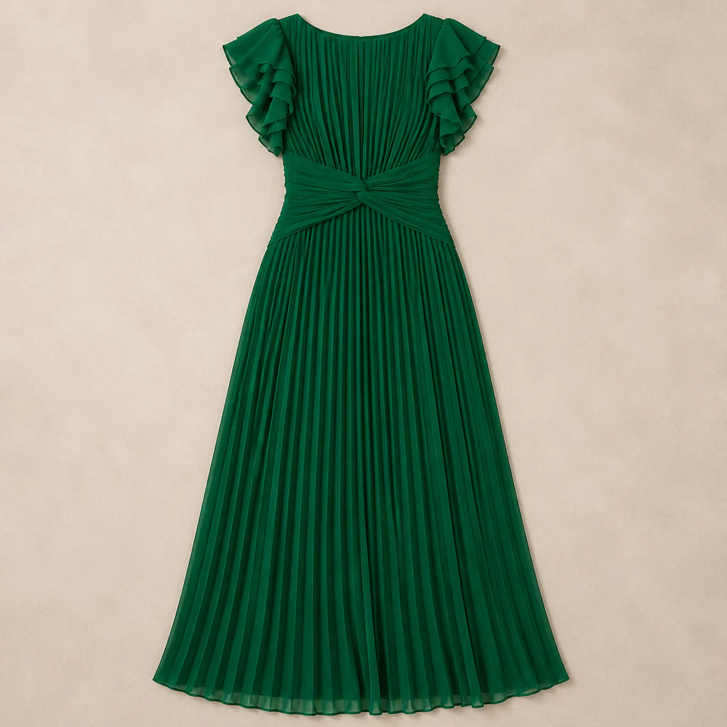 Seluria™ – Flutter-Sleeve Pleated Maxi Dress with Twist-Front Waist - Image 9