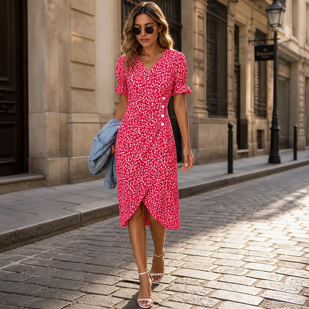 SeraphineAura™ – Ditsy Floral Wrap Midi Dress with Ruched Tulip Hem - Image 2