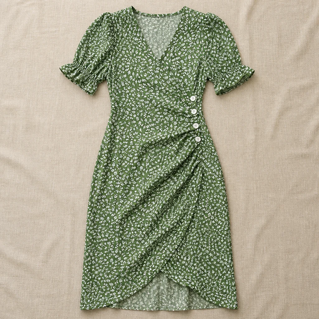 SeraphineAura™ – Ditsy Floral Wrap Midi Dress with Ruched Tulip Hem - Image 4