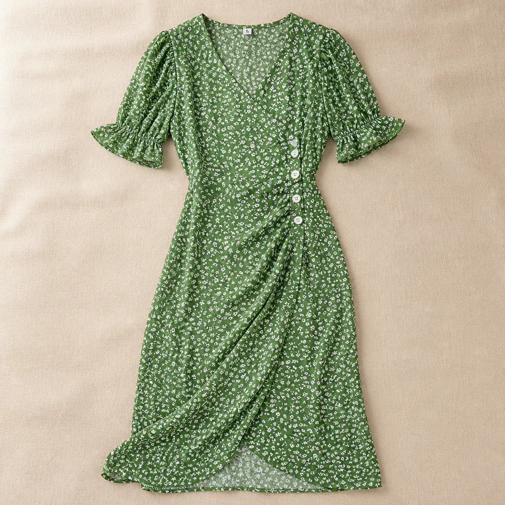 SeraphineAura™ – Ditsy Floral Wrap Midi Dress with Ruched Tulip Hem - Image 9