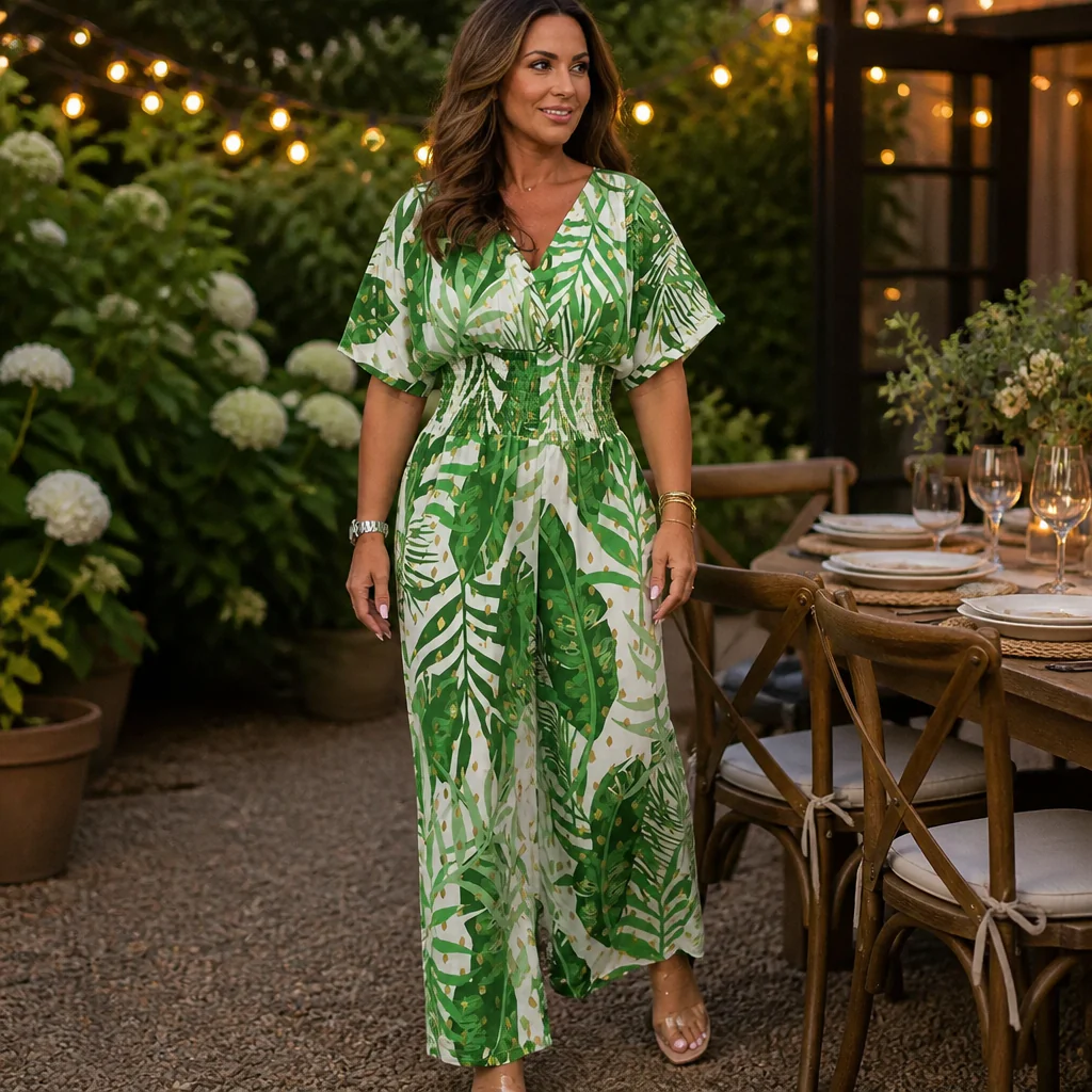 SerenaSculpt™ – Tropical Print V-Neck Wide-Leg Jumpsuit with Smocked Waist - Image 2