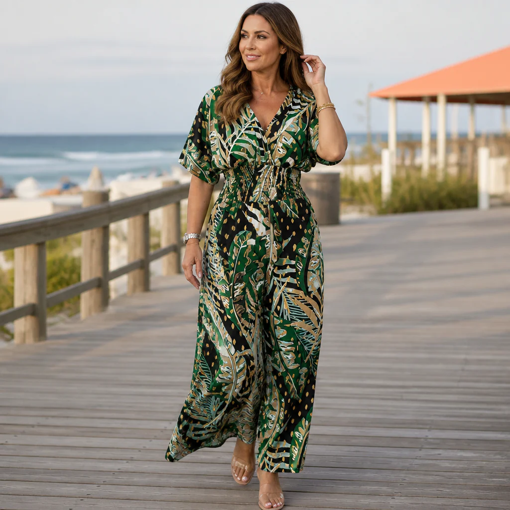 SerenaSculpt™ – Tropical Print V-Neck Wide-Leg Jumpsuit with Smocked Waist - Image 3