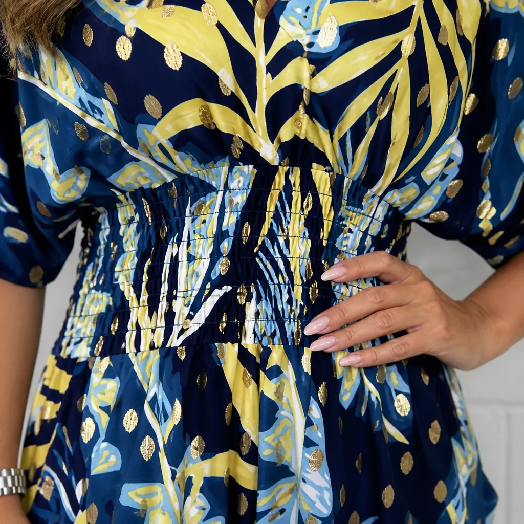 SerenaSculpt™ – Tropical Print V-Neck Wide-Leg Jumpsuit with Smocked Waist - Image 5