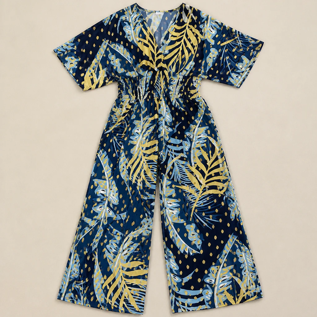 SerenaSculpt™ – Tropical Print V-Neck Wide-Leg Jumpsuit with Smocked Waist - Image 9