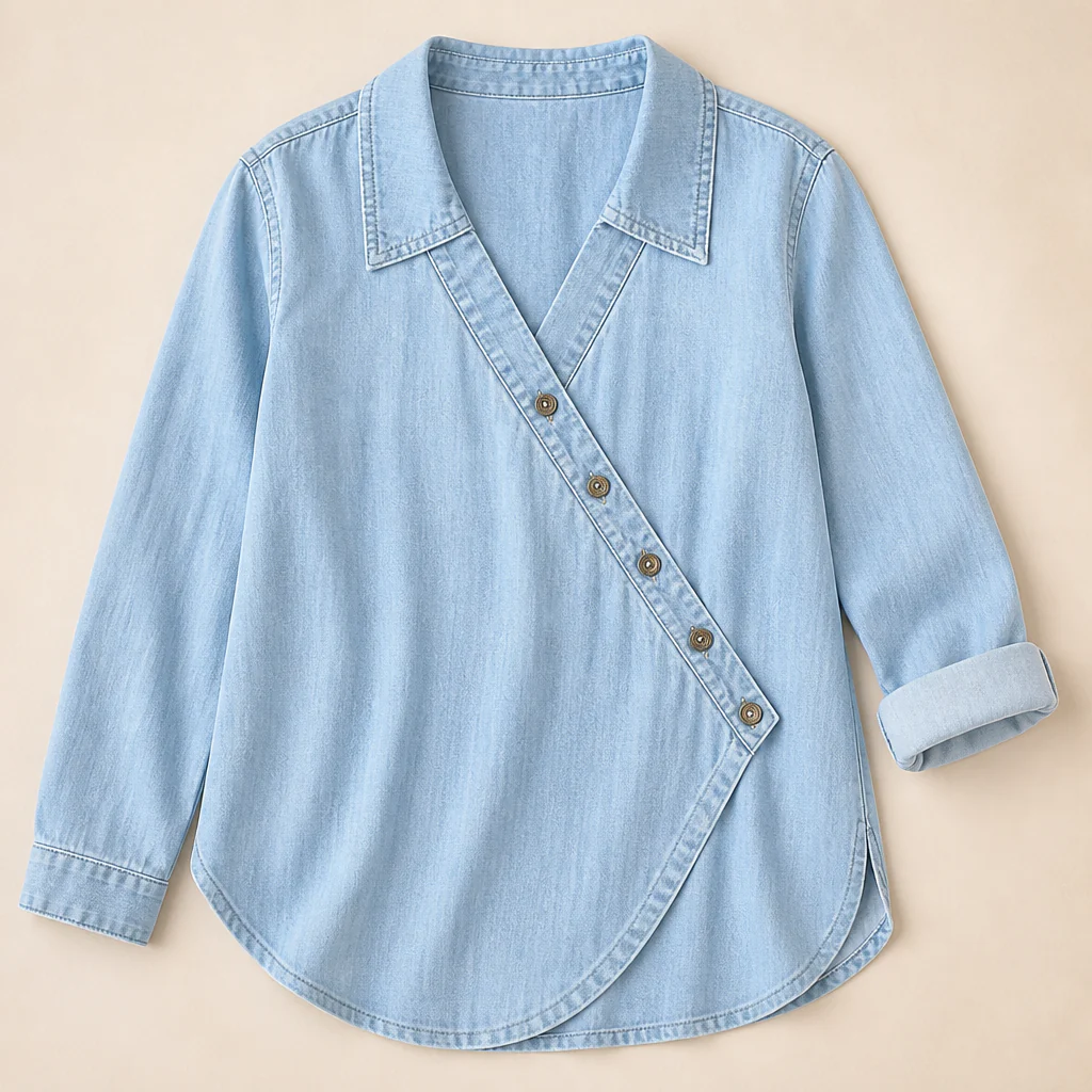 SerenaSway™ – Relaxed Asymmetric Button Denim Blouse with Lapel Collar - Image 10