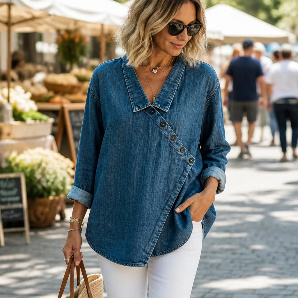 SerenaSway™ – Relaxed Asymmetric Button Denim Blouse with Lapel Collar - Image 2