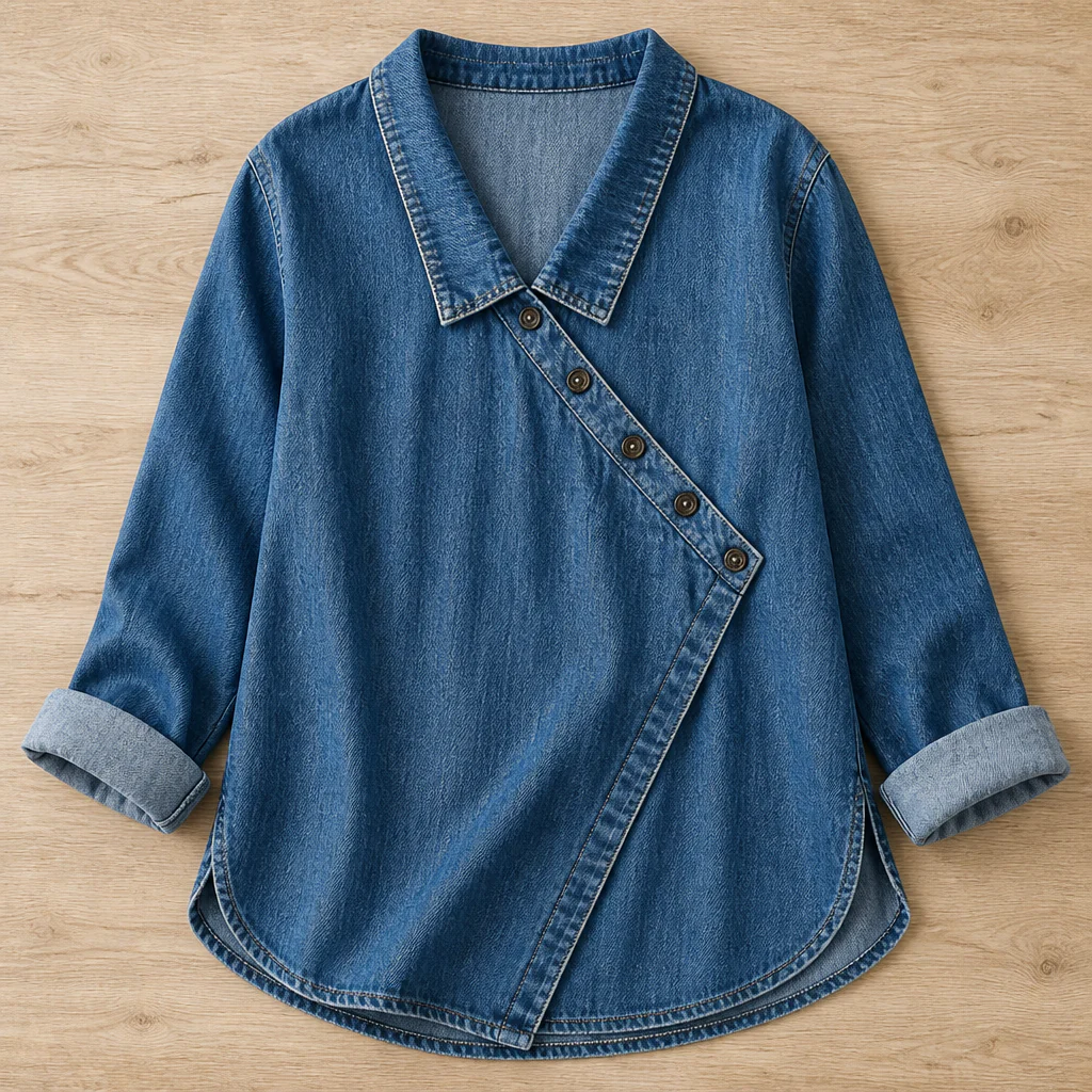 SerenaSway™ – Relaxed Asymmetric Button Denim Blouse with Lapel Collar - Image 4