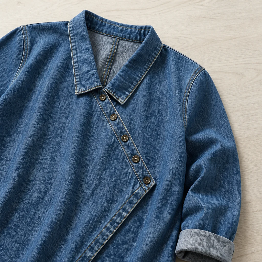 SerenaSway™ – Relaxed Asymmetric Button Denim Blouse with Lapel Collar - Image 5