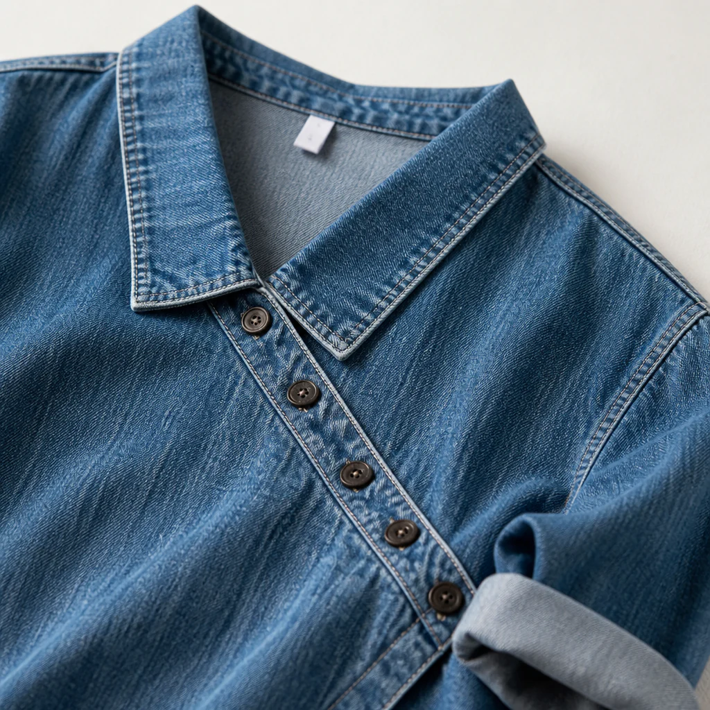 SerenaSway™ – Relaxed Asymmetric Button Denim Blouse with Lapel Collar - Image 6