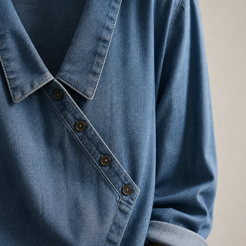 SerenaSway™ – Relaxed Asymmetric Button Denim Blouse with Lapel Collar - Image 7