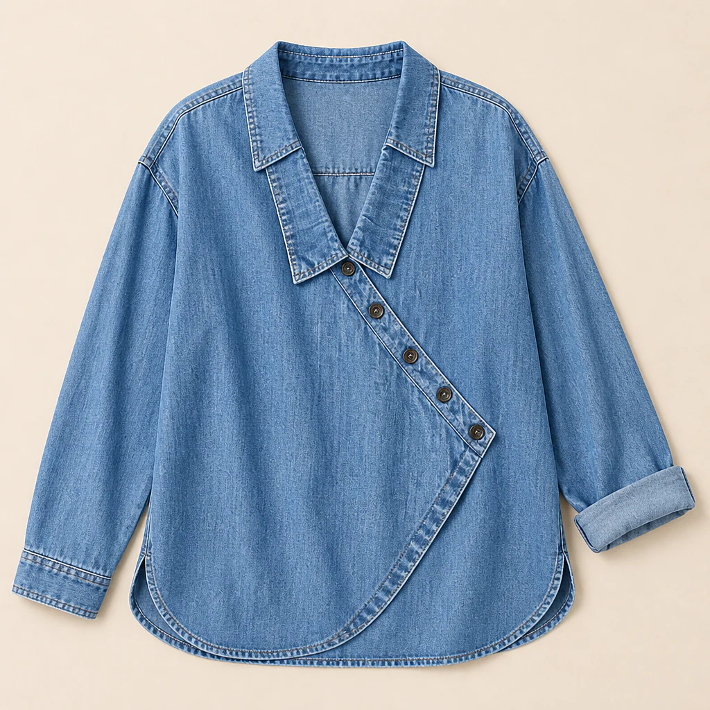 SerenaSway™ – Relaxed Asymmetric Button Denim Blouse with Lapel Collar - Image 8