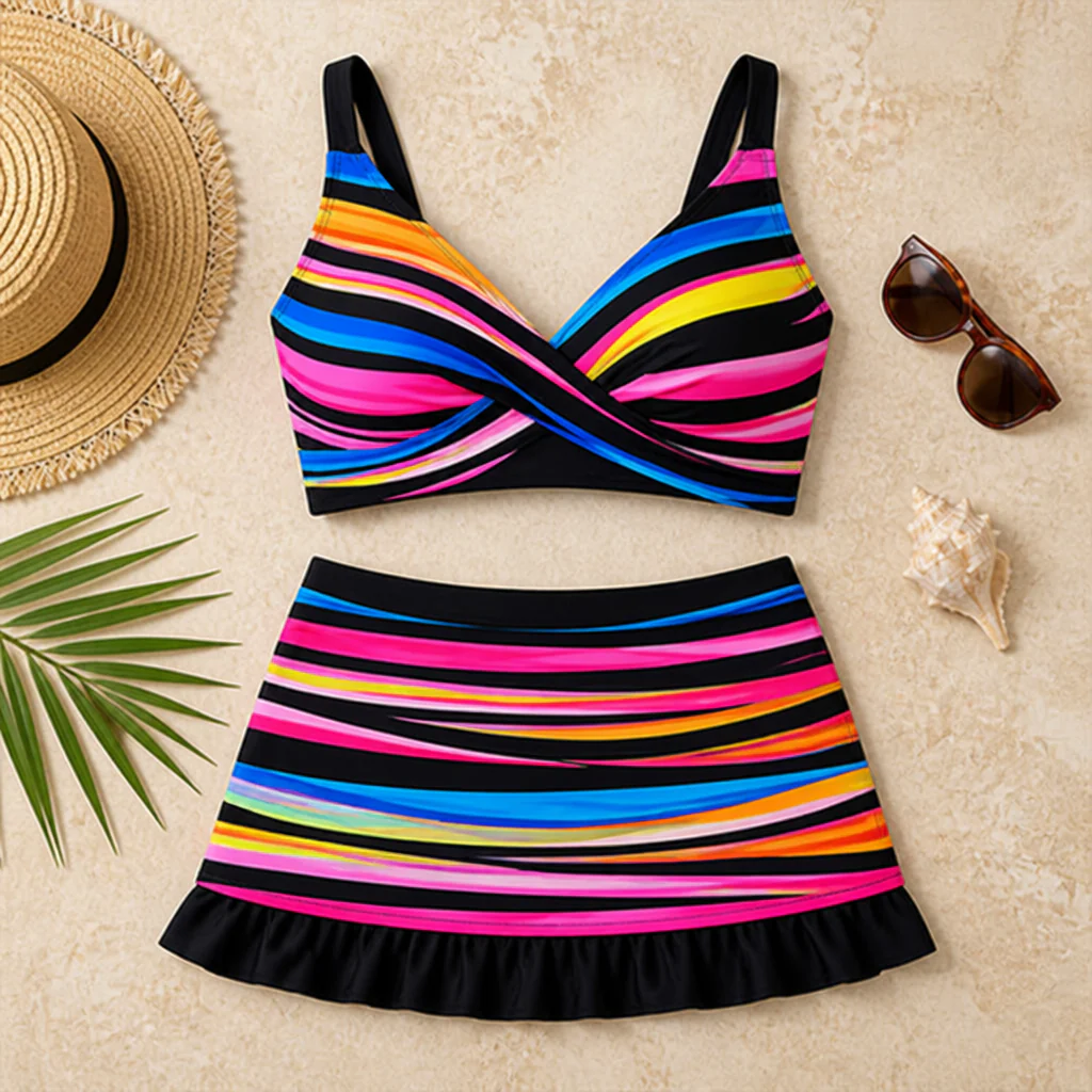 SerenaWave™ – Twist-Front Striped Swim Skirt Set with Tummy Control - Image 4