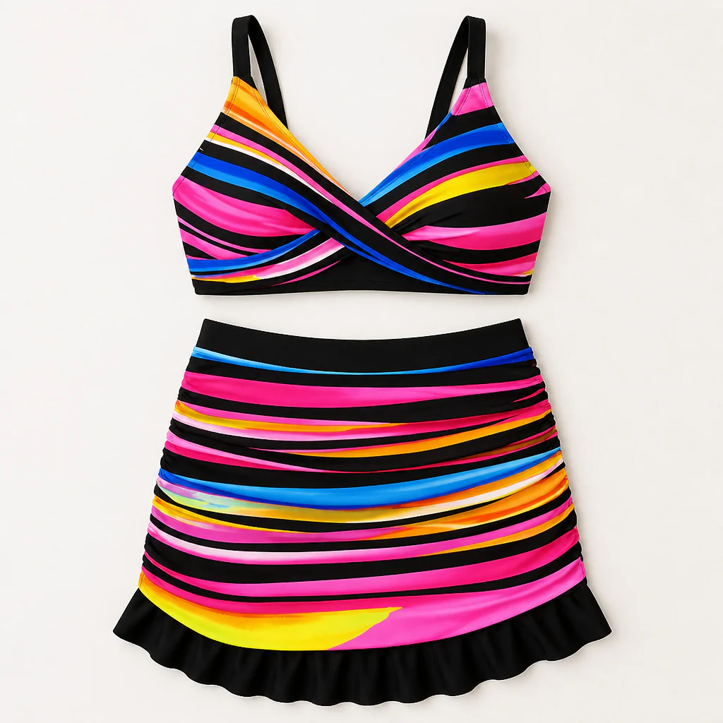SerenaWave™ – Twist-Front Striped Swim Skirt Set with Tummy Control - Image 7