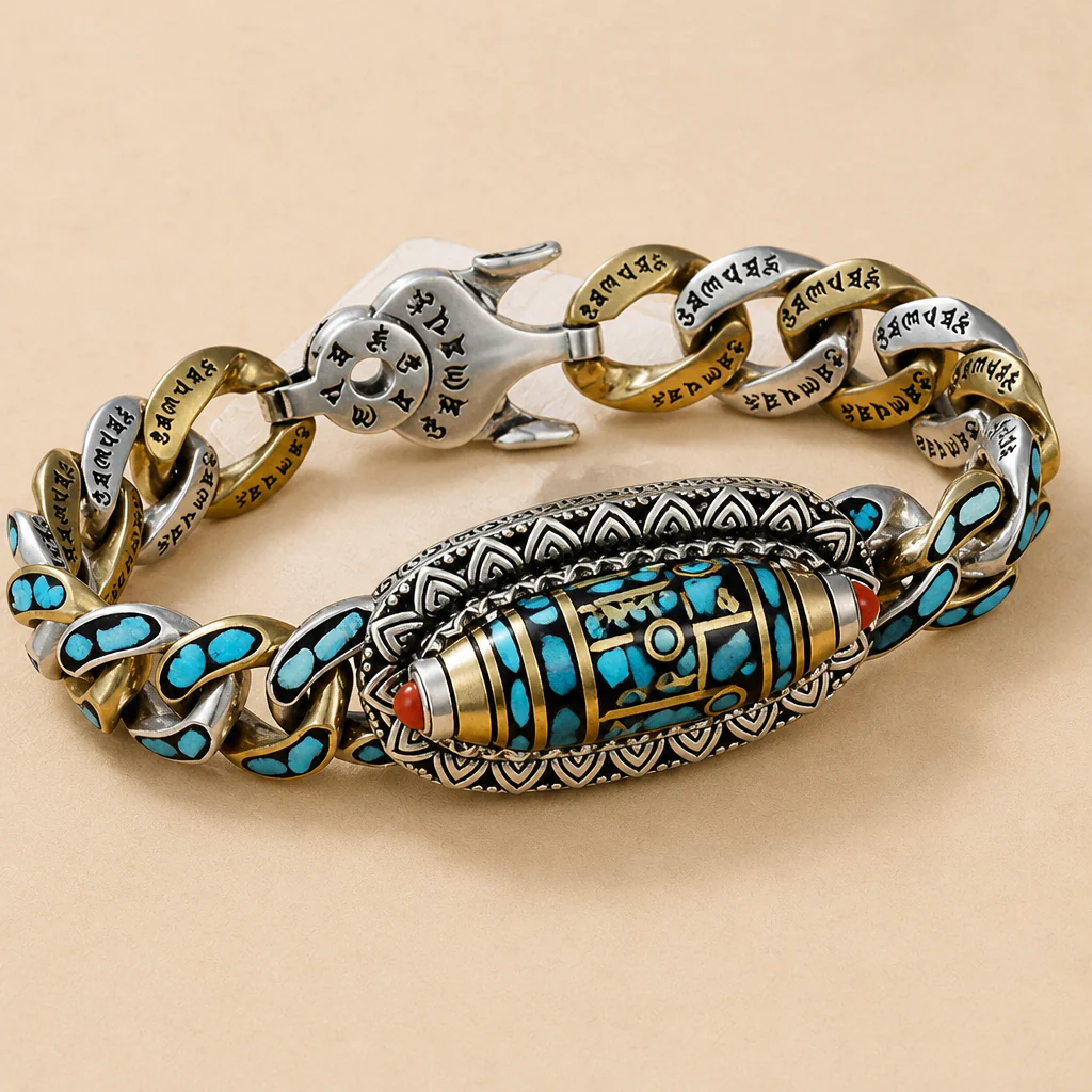 SereniStone™ – Tibetan Nine-Eyed Dzi Bead Bracelet with Turquoise Inlay - Image 3