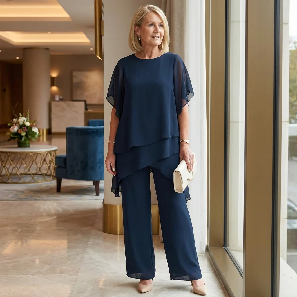SerenLuxe™ – Elegant Chiffon Two-Piece Set with Asymmetric Layered Top - Image 2